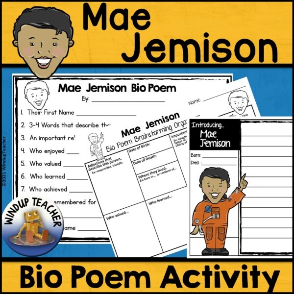 Educational activity featuring Mae Jemison for young learners in kindergarten Worksheet for students to write about Mae Jemison, the first African American woman in space
