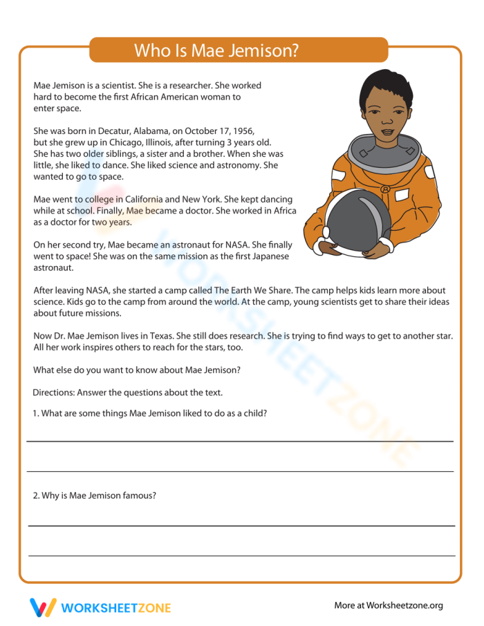 Educational resource for learning about Mae Jemison and sentence writing Worksheet for students to write about Mae Jemison, the first African American woman in space