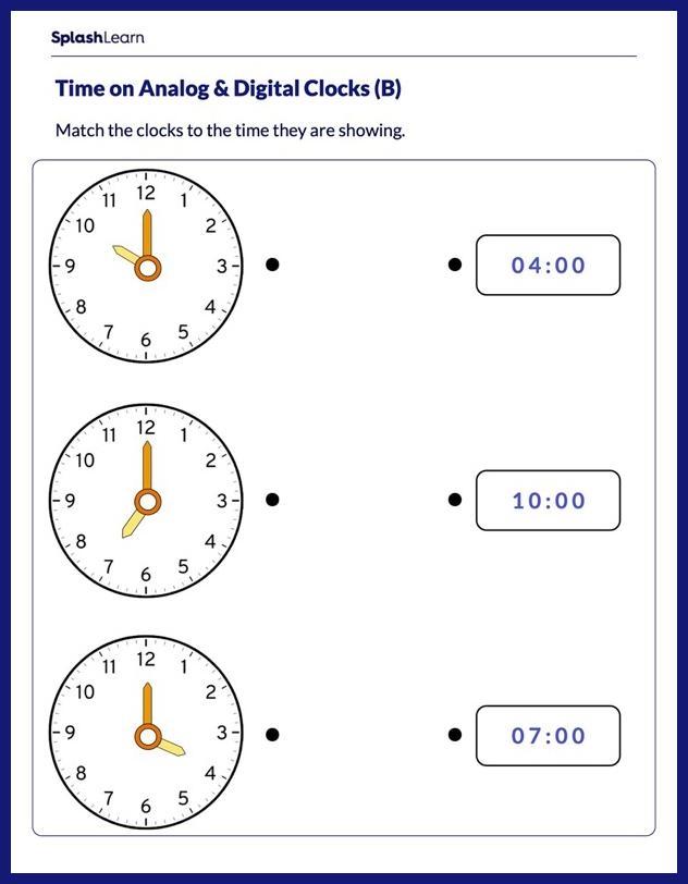 Kindergarten worksheet featuring a matching activity for learning to tell time on analog clocks