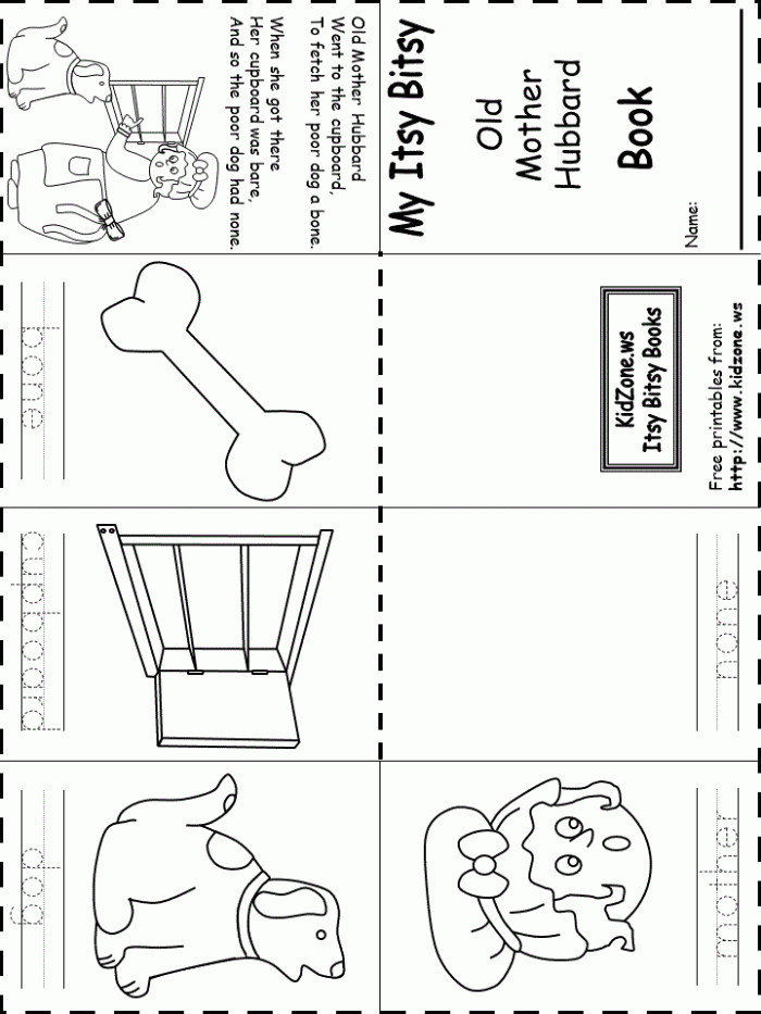 Kindergarten student worksheet featuring the Old Mother Hubbard poem with a blank space for drawing task eight