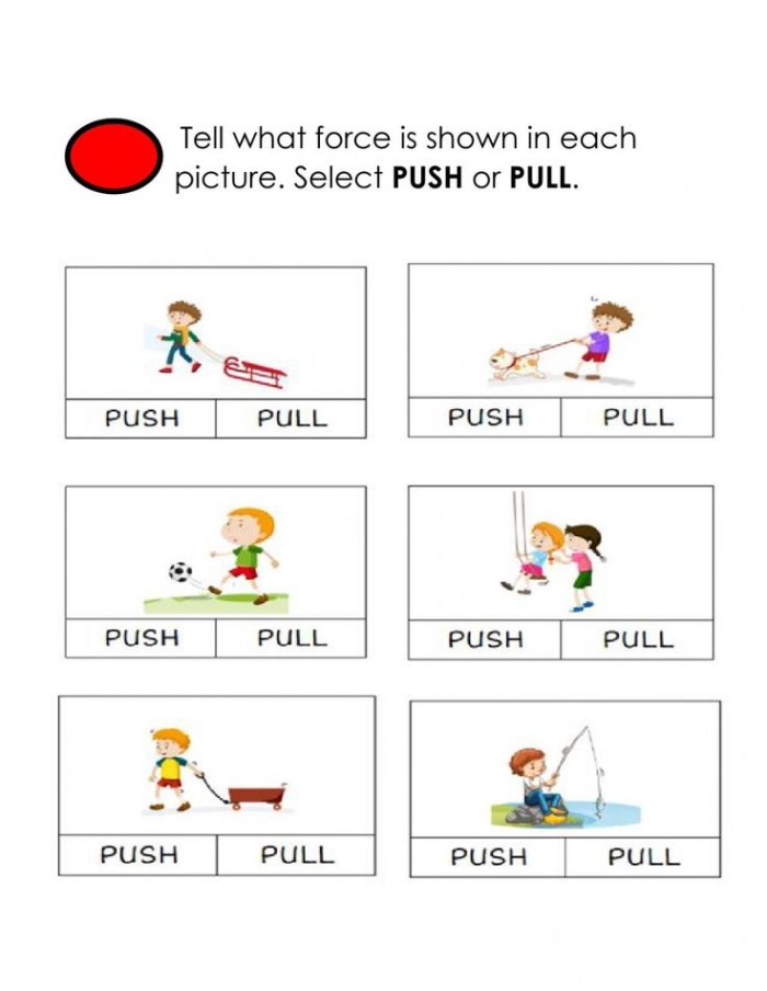 Kindergarten science worksheet featuring drawings of daily activities to help students identify pushes and pulls