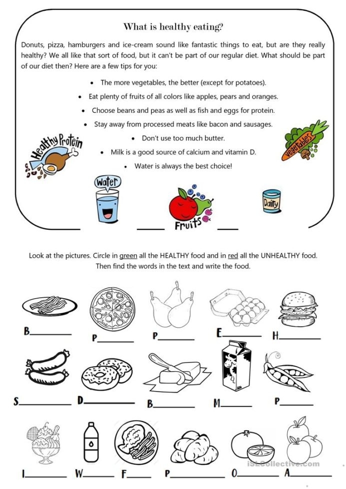 Worksheet featuring healthy and unhealthy foods for kids to sort
