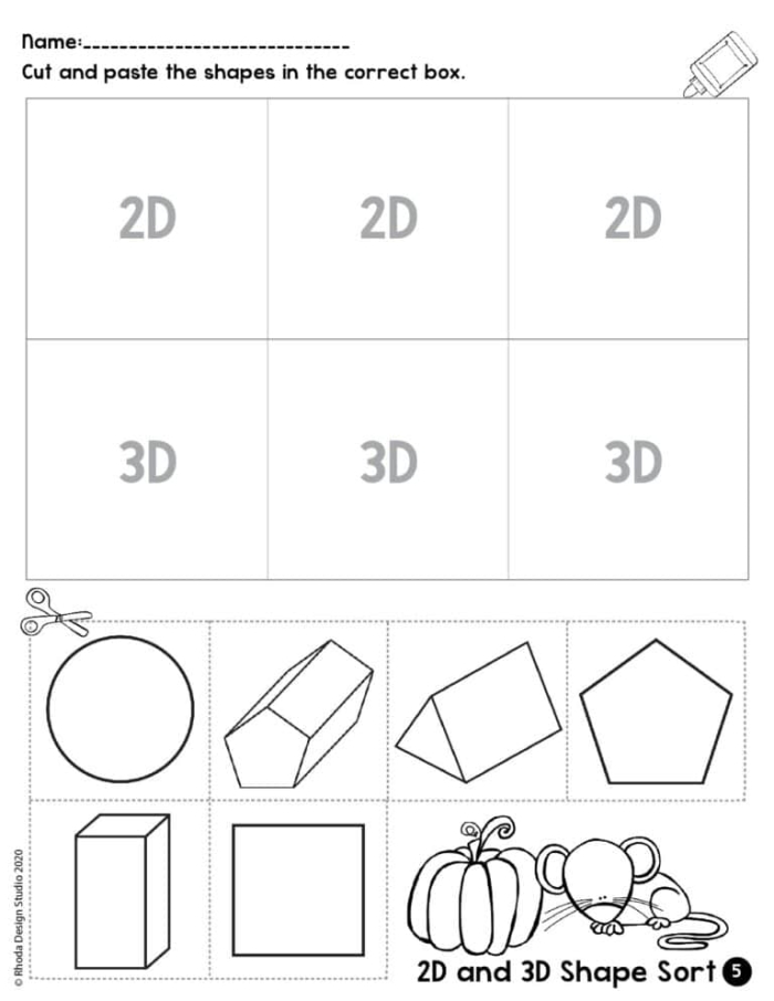 Kindergarten worksheet for sorting 2D and 3D shapes numbered 22
