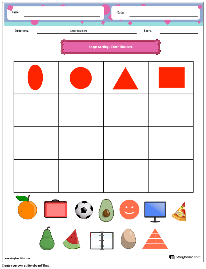 Kindergarten worksheet for sorting 2D and 3D shapes into categories