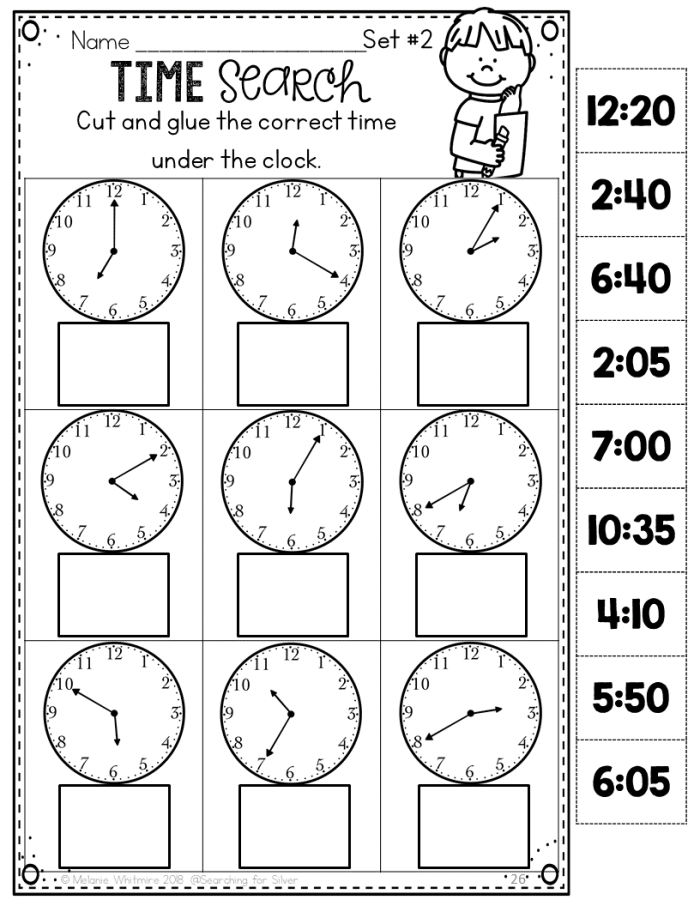 Kindergarten student practicing analog clock reading with the Telling Time with Melissa Mouse 2 worksheet