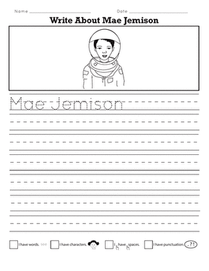 Write About Mae Jemison Worksheet for Kindergarten Students Worksheet for writing about Mae Jemison, the first African American woman in space