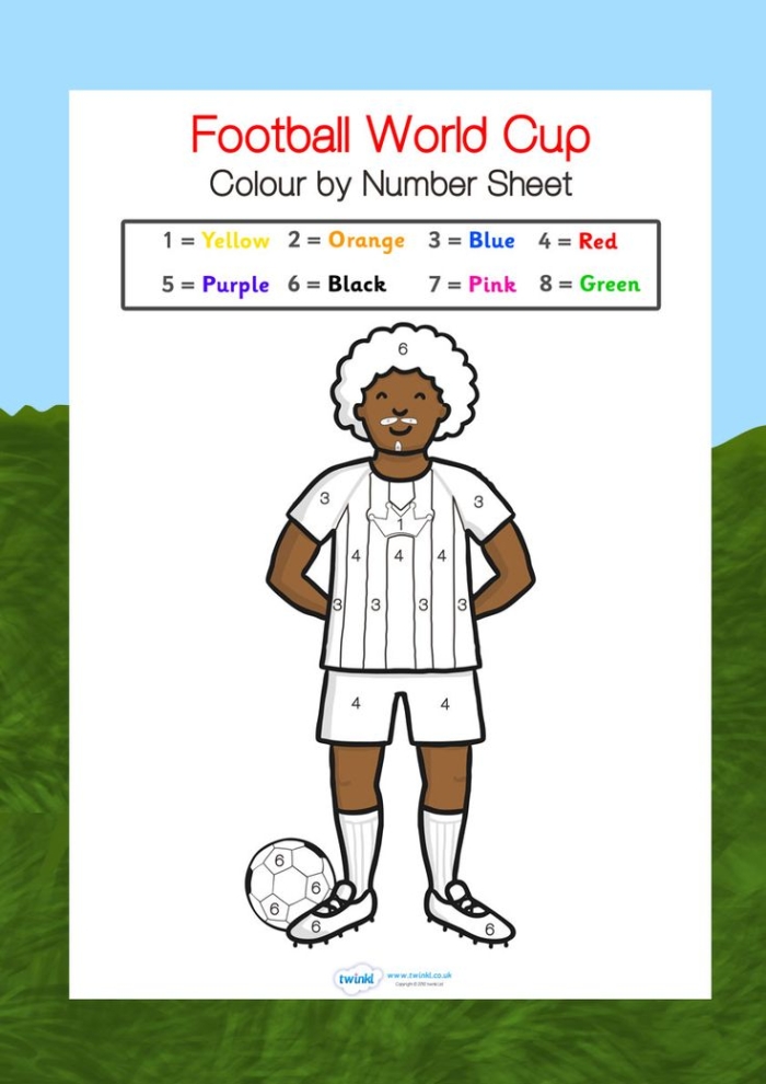 World Cup-themed color-by-number worksheet for kindergarten kids