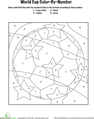 Color-by-number worksheet featuring a World Cup theme for kindergarteners
