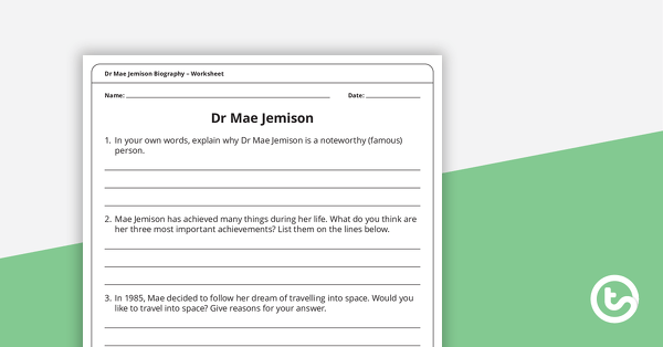 Educational resource for kindergarten students to learn about Mae Jemison Worksheet for writing sentences about Mae Jemison, the first African American woman in space