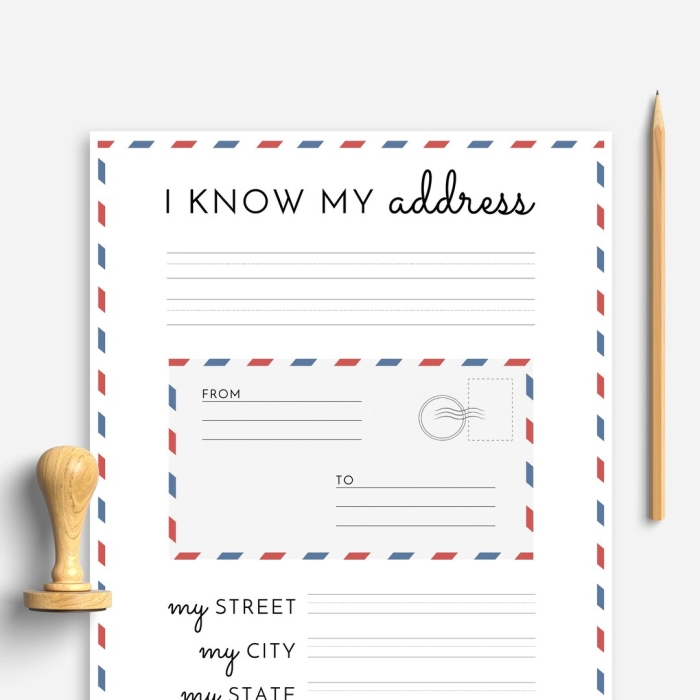Kindergarten worksheet featuring an envelope template to practice writing home address details