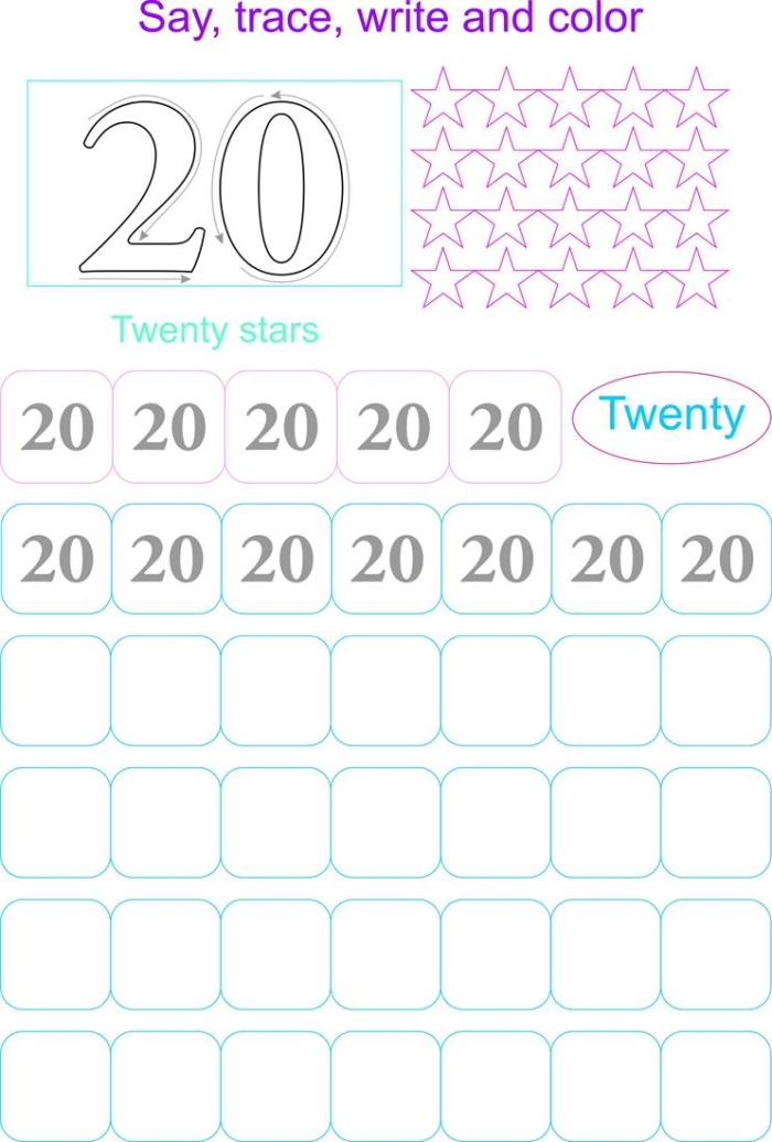 Kindergarten student filling out a numbers 1 to 20 practice page