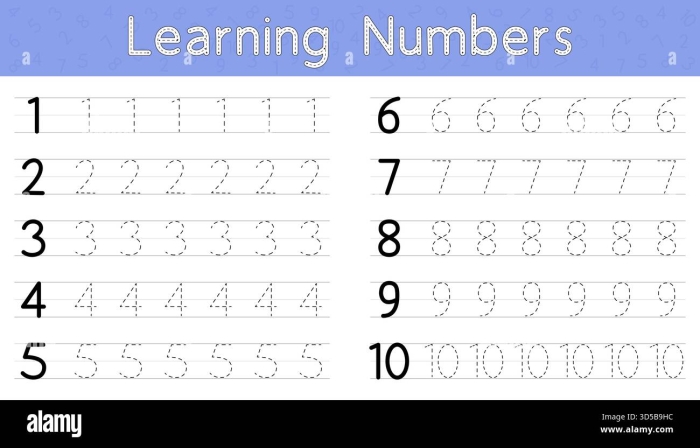 Kindergarten student practicing writing the words for numbers one through ten on a colorful worksheet