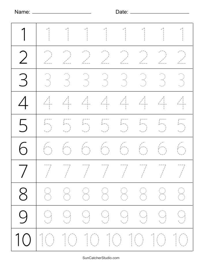Brightly colored worksheet designed for kindergarteners to practice writing the names of numbers 1 through 10