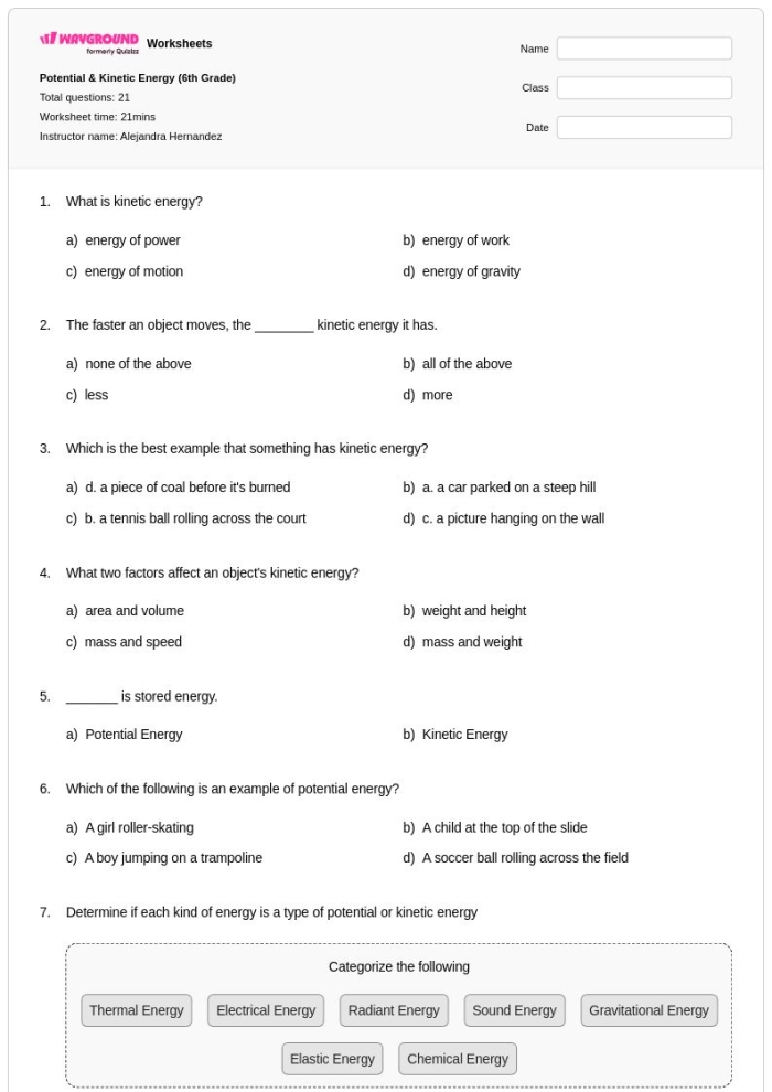 Worksheet illustrating the concepts of kinetic energy, mass, and speed for sixth graders