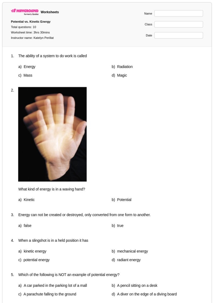 Sixth grade science worksheet focused on calculating kinetic energy through mass and speed data