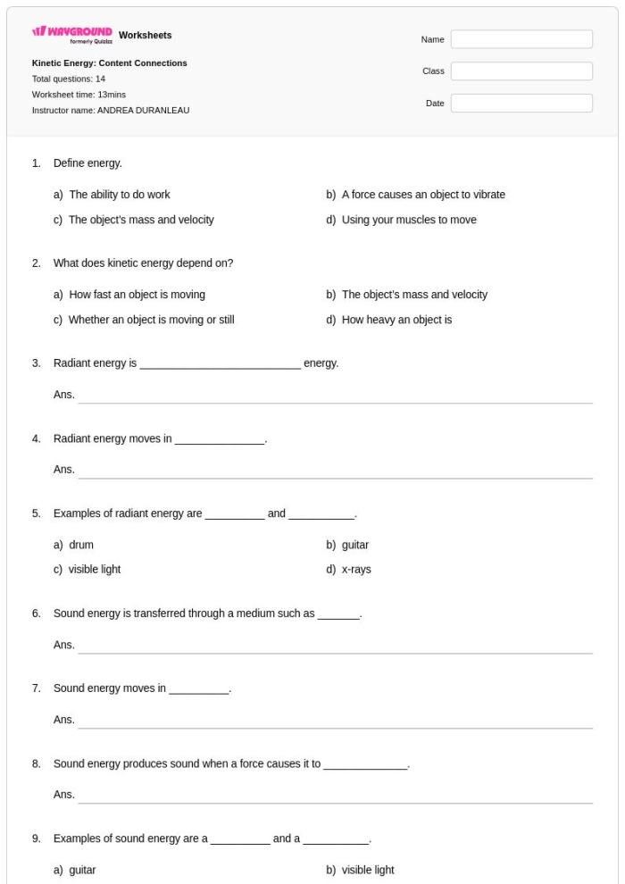 Kinetic Energy, Mass, and Speed worksheet for sixth graders analyzing real-world data