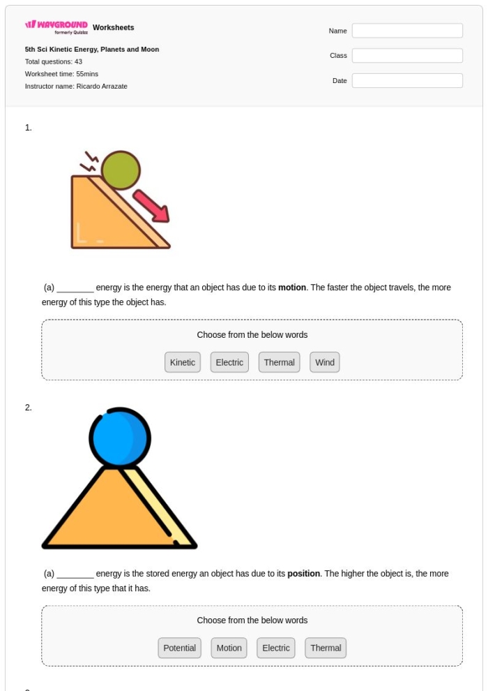 Students analyzing kinetic energy, mass, and speed relationships in a science worksheet