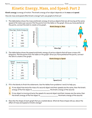 Worksheet illustrating the concepts of kinetic energy, mass, and speed for sixth graders
