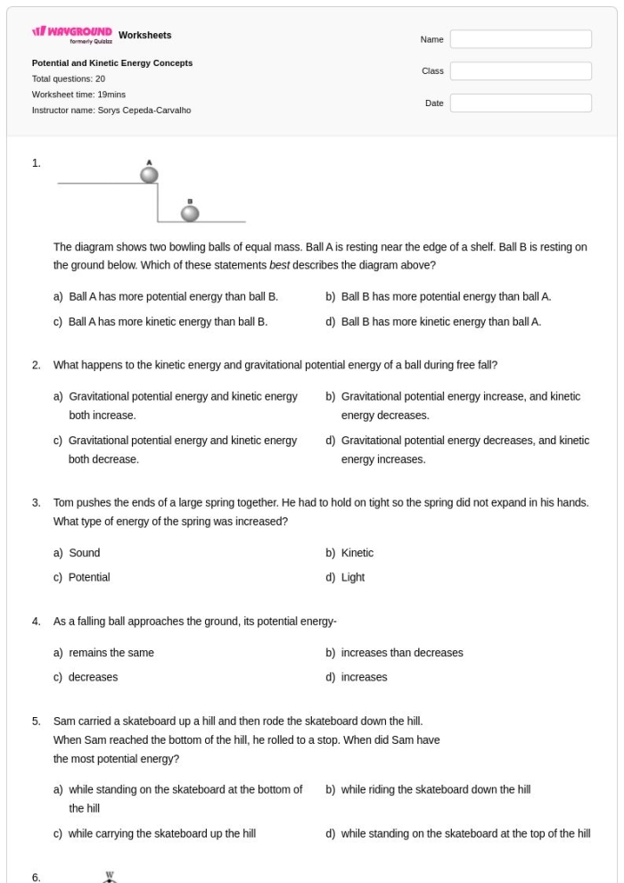 Worksheet on kinetic energy, mass, and speed for sixth graders featuring real-world data analysis