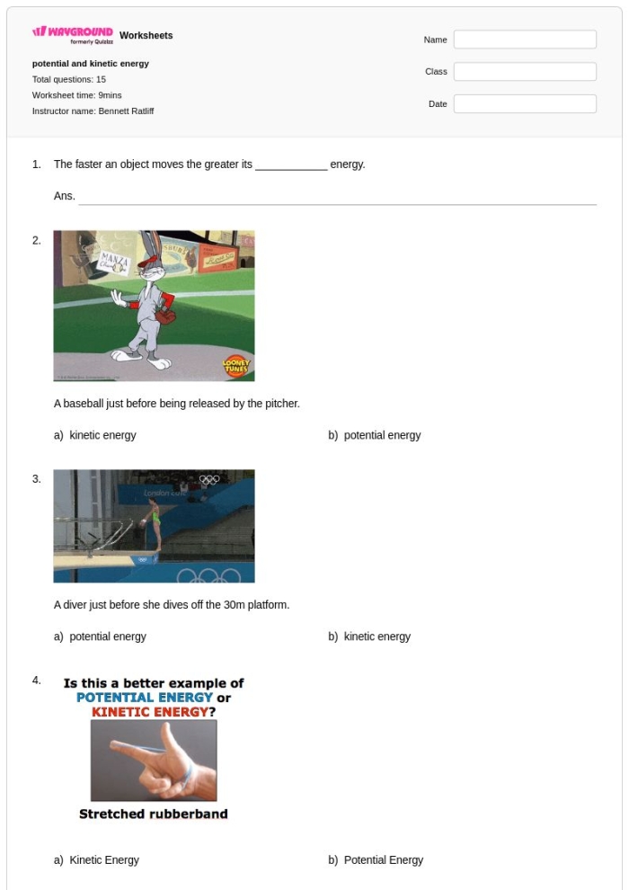 Worksheet illustrating kinetic energy, mass, and speed concepts for sixth graders. Kinetic Energy, Mass, and Speed: Part 1 educational worksheet image.