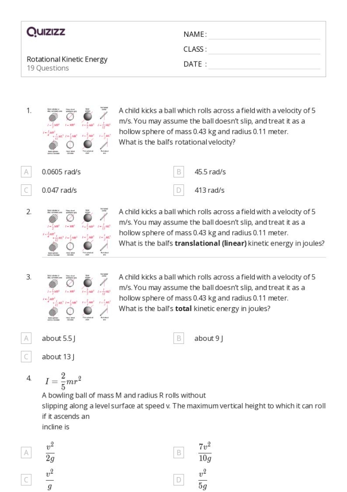 Worksheet featuring kinetic energy, mass, and speed concepts for sixth graders