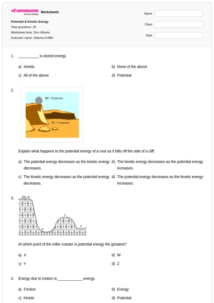 Worksheet illustrating kinetic energy, mass, and speed concepts for sixth graders