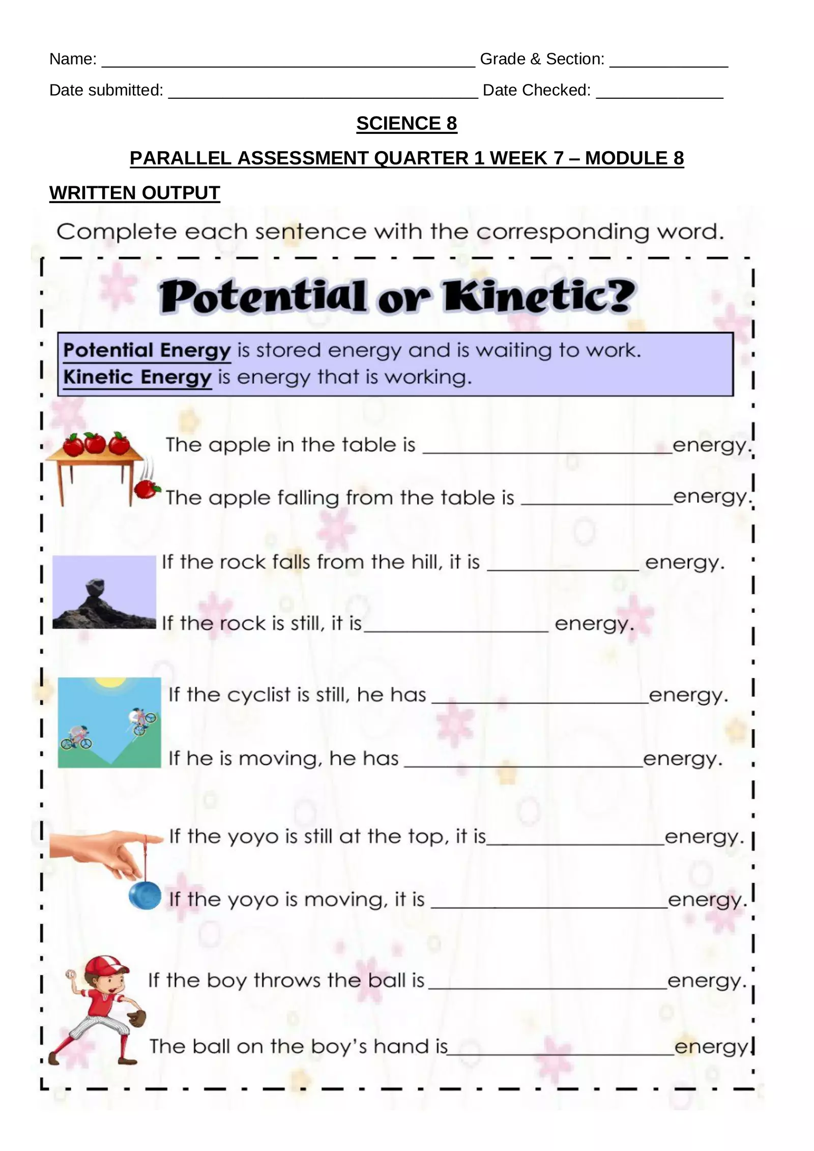 Worksheet image depicting a fictional experiment on kinetic energy and temperature change Kinetic Energy and Temperature Change worksheet for sixth-grade science students to explore experimental data