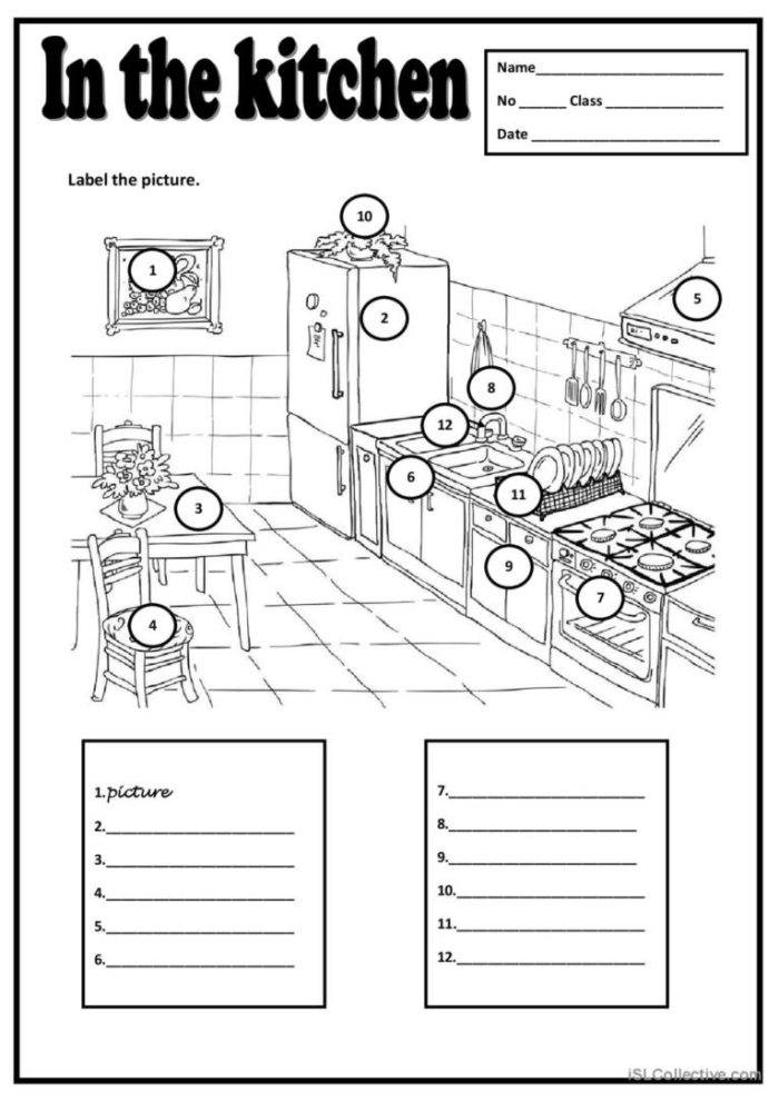 Fourth grade math worksheet showing a kitchen floor layout with measurements for calculating area and flooring budget options