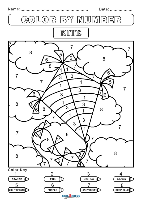 Pre-K worksheet featuring a simple kite outline with color-coded numbers for early learners