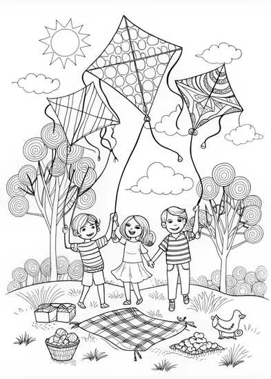 Coloring page featuring a child flying a kite on a sunny spring day