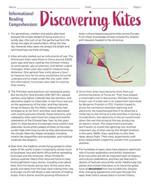 Sixth grade informational reading comprehension worksheet featuring a historical passage about kites