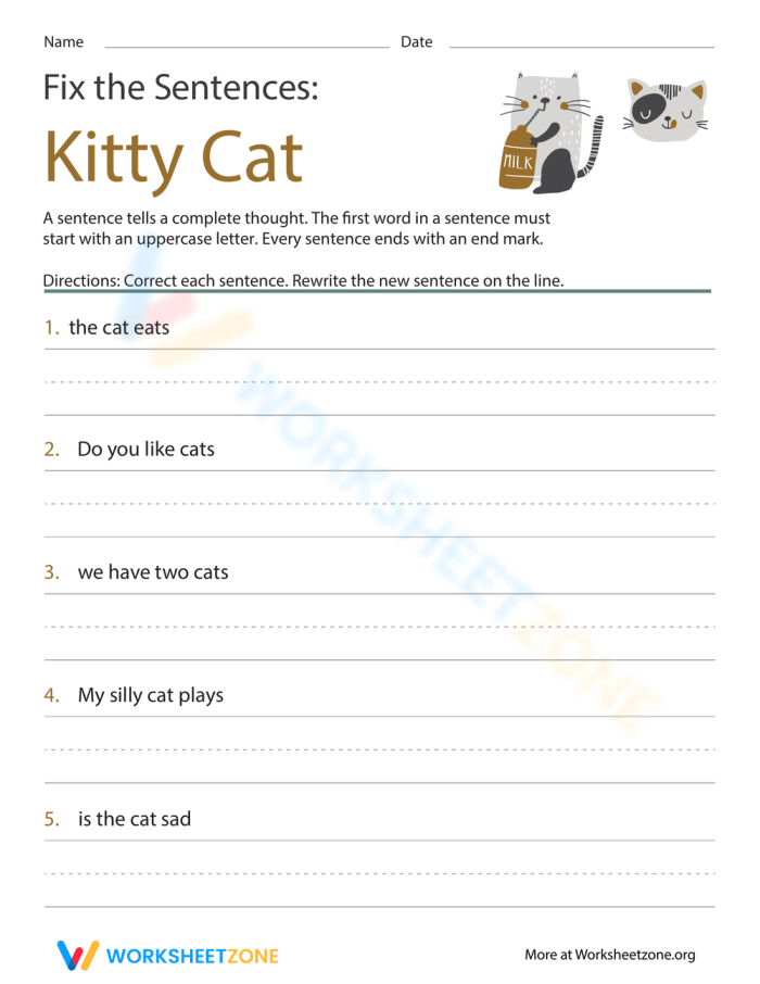 Fix the Sentences: Kitty Cat grammar worksheet for young learners Kitty Cat worksheet for practicing sentence capitalization and punctuation in kindergarten