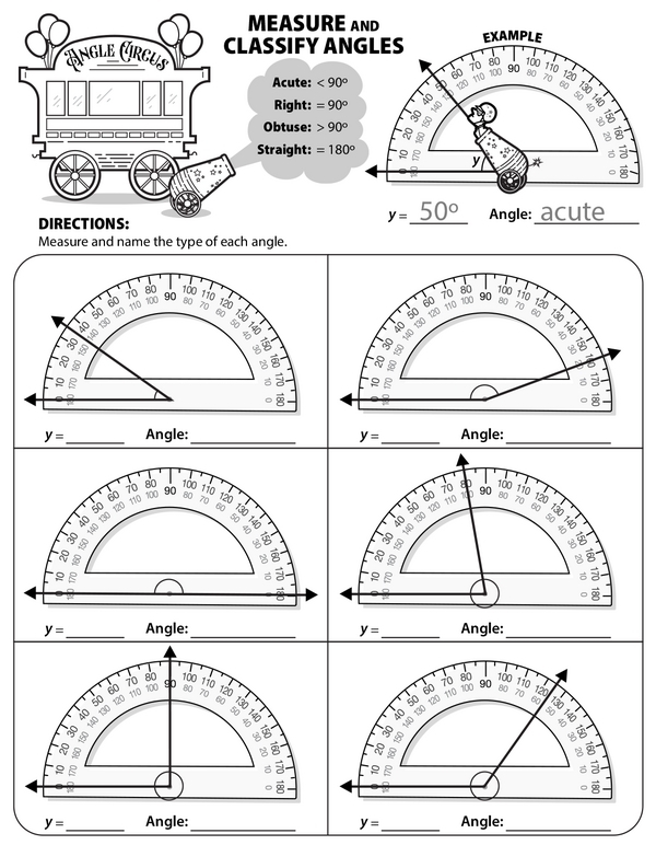 Worksheet for identifying different types of angles including acute, obtuse, right, and straight angles