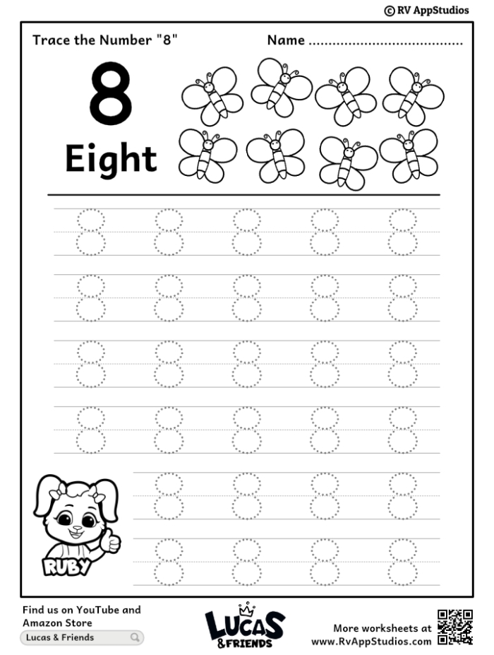 Worksheet featuring the number 8 to help Pre-K students learn about fractions