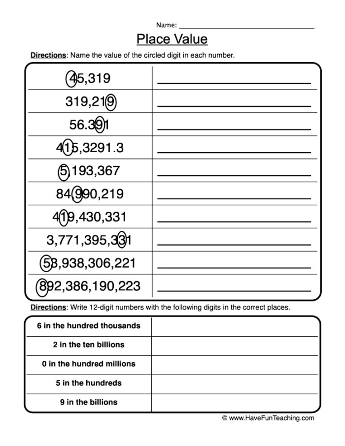 Interactive worksheet for practicing place value concepts in grade five Fifth grade students working on a Know Your Place Value worksheet focusing on millions place