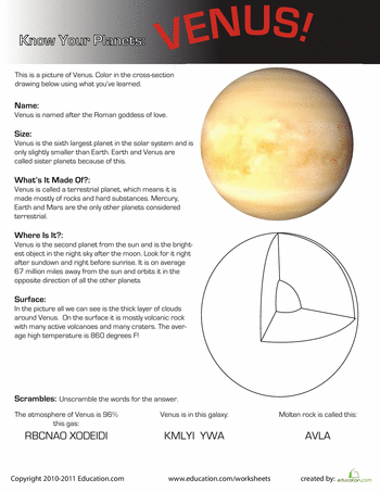 Addition worksheet for Third Grade Worksheet for learning about Venus, the second planet from the sun, designed for third graders. Educational resource for the "Know Your Planets: Venus" addition worksheet.