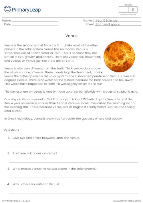 Addition worksheet for Third Grade Worksheet illustrating Venus, the second planet from the sun for third graders learning about planets. Educational resource titled "Know Your Planets: Venus worksheet" designed for addition practice.