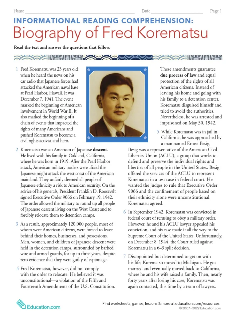 Fred Korematsu biography reading comprehension worksheet for sixth grade students learning about civil rights history
