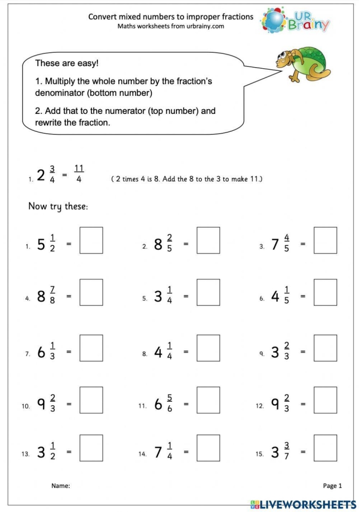 Interactive worksheet image for fourth grade subtraction practice on improper fractions. Engaging exercise to help children learn mixed numbers. Kramster worksheet for converting improper fractions to mixed numbers, perfect for fourth graders. Fun activity where kids calculate pellet distribution for hungry Kramsters.
