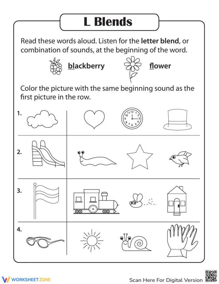 Consonant Sounds: L Blends activity for kindergarten students Worksheet featuring consonant L blends for young learners
