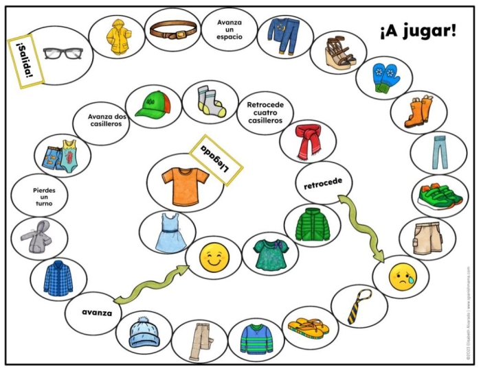Colorful clothing items labeled in Spanish for second grade geometry worksheet on la ropa