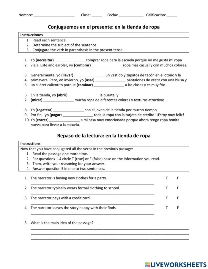 Second grade geometry worksheet featuring Spanish clothing vocabulary and shape exercises