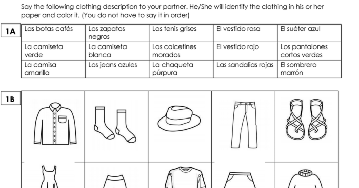 Second grade Spanish worksheet featuring illustrations of clothing items for geometry practice