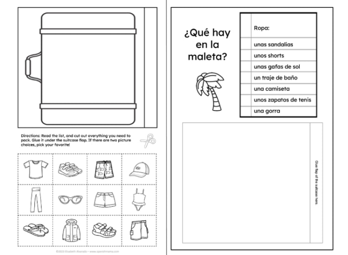 Second grade geometry worksheet featuring Spanish clothing vocabulary items with shapes and patterns for la ropa learning