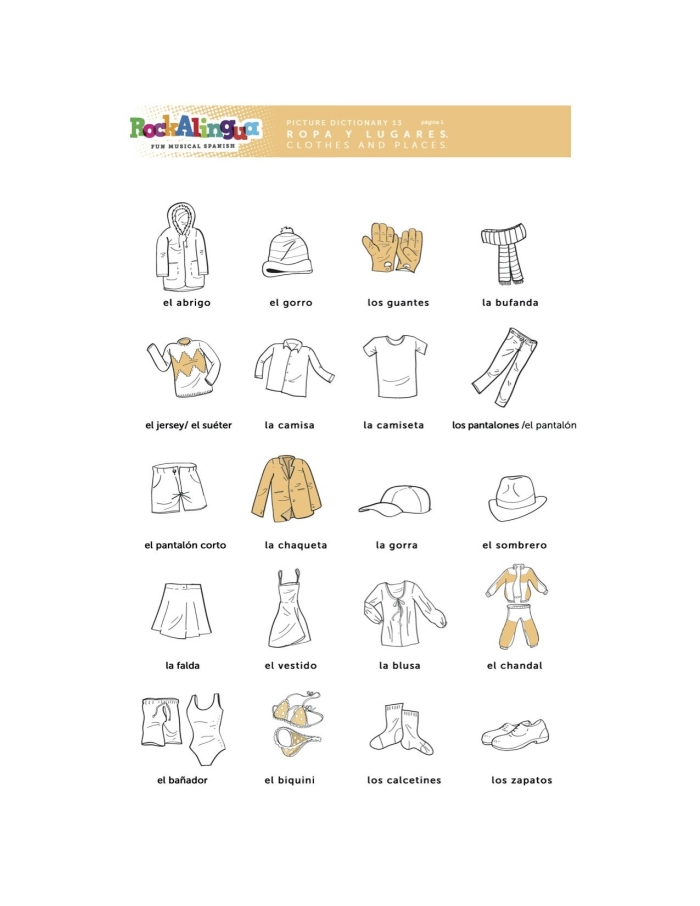 Second grade students practicing Spanish vocabulary with a clothing themed geometry worksheet number 12