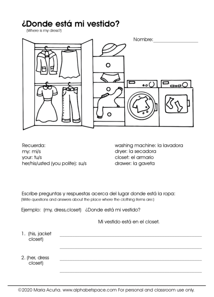 Second grade geometry worksheet featuring Spanish vocabulary exercises about clothing items