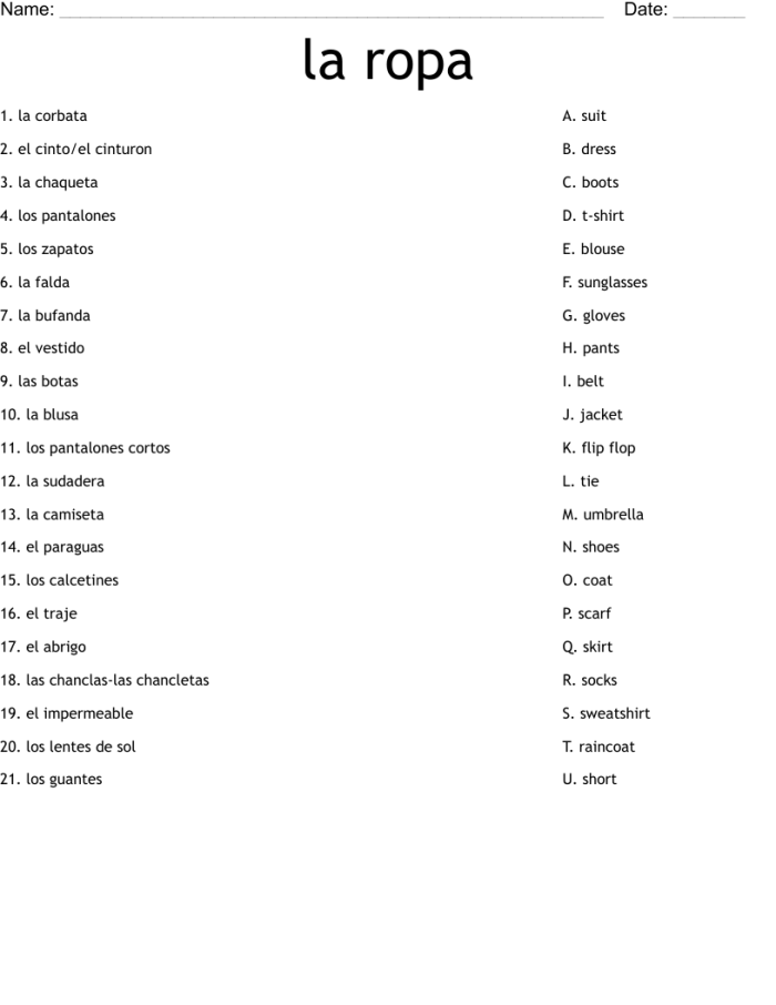 Second grade geometry worksheet featuring Spanish vocabulary for clothing items