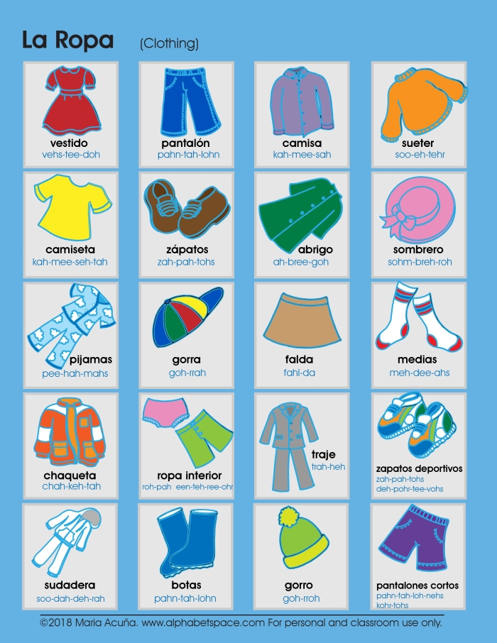 Second grade geometry worksheet featuring vocabulary words for various clothing items in Spanish