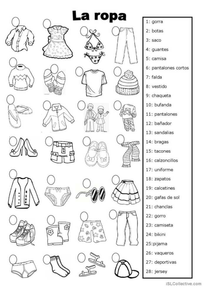 Spanish clothing vocabulary worksheet for second grade geometry lesson with la ropa illustrations and exercises