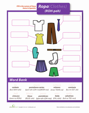 Second grade Spanish vocabulary worksheet featuring clothing items with la ropa vocabulary exercises and illustrations